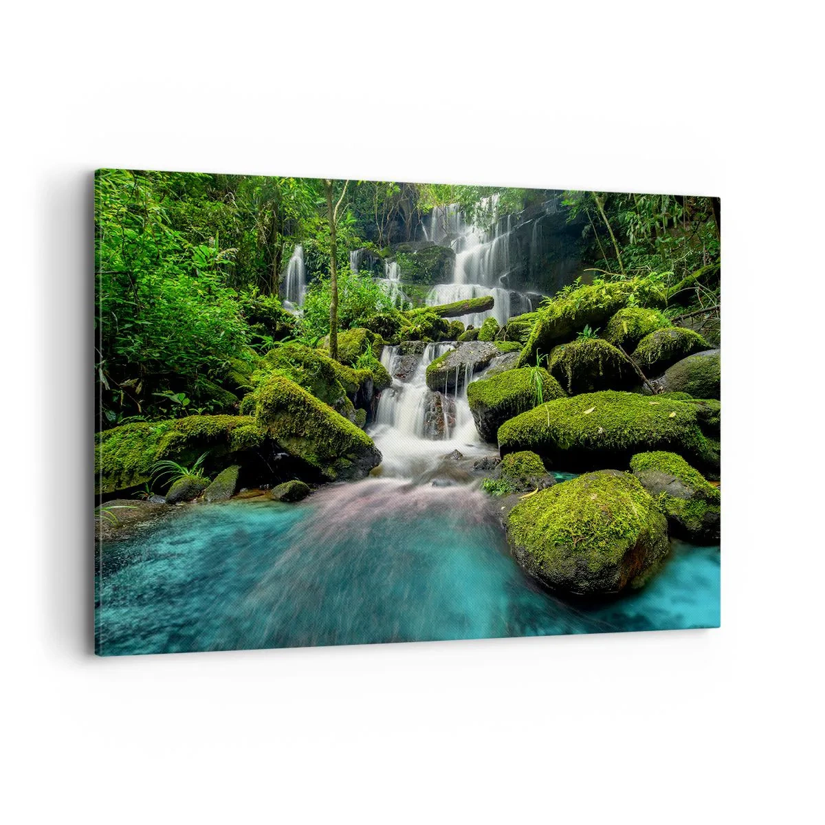 Cuadro sobre lienzo - Impresión de Imagen - Una cascada tropical rodeada de vegetación y agua turquesa. - 120x80cm - Turquesa, zafiro y plata líquida - Decoración de pared moderna para salón y dormitorio ARTTOR