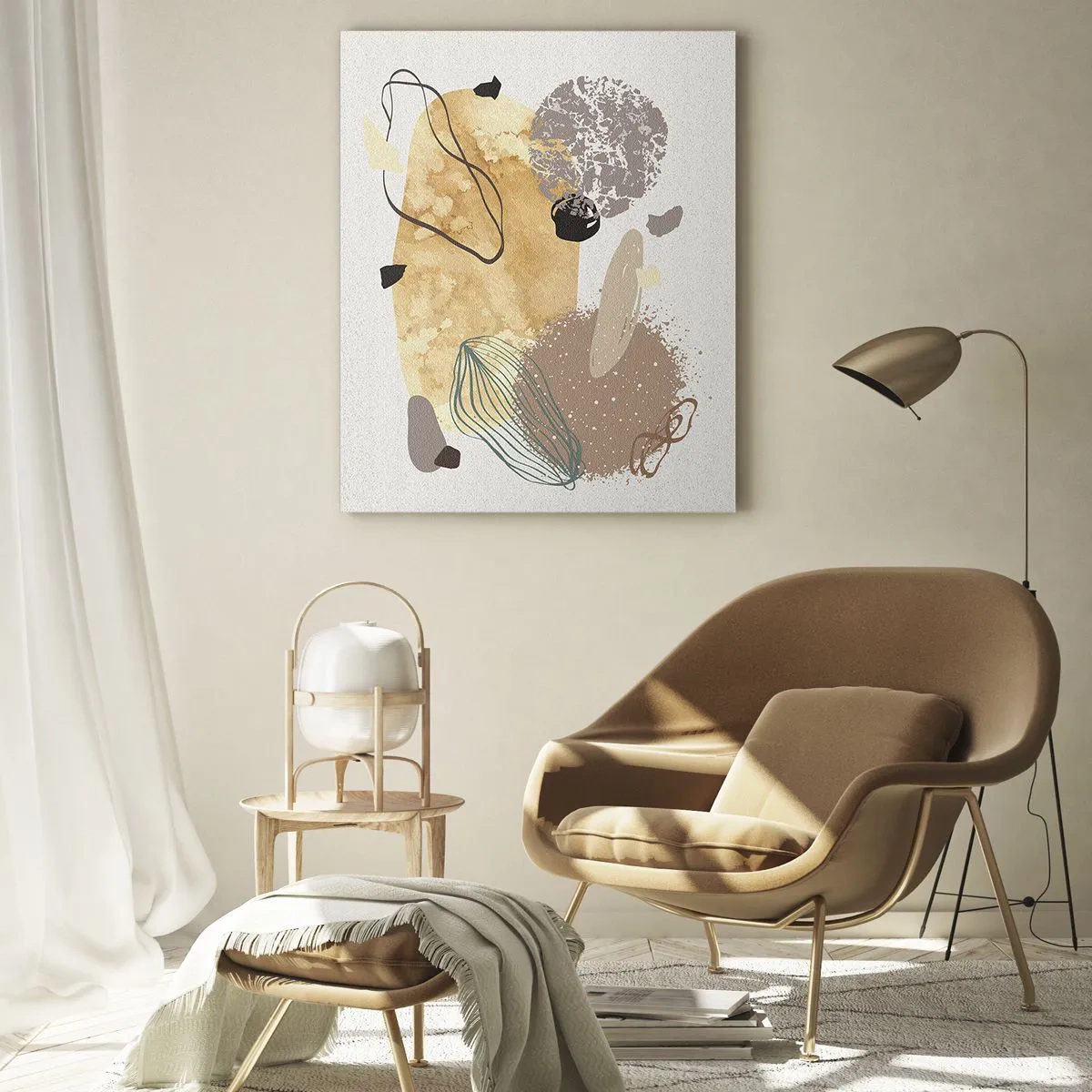 Cuadro sobre vidrio - Impresiones sobre Vidrio - Una composición de formas abstractas en beige y amarillo. - 80x120cm - Plumología aplicada - Decoración de pared moderna para salón y dormitorio ARTTOR