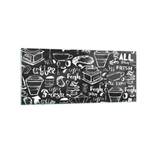 Cuadro sobre vidrio - Impresiones sobre Vidrio - Gráficos de café elegantes sobre un fondo negro. - 120x50cm - All you need is… - Decoración de pared moderna para salón y dormitorio ARTTOR