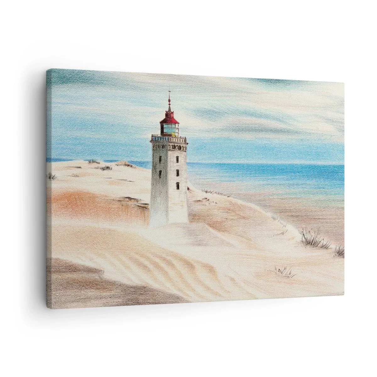 Cuadro sobre lienzo - Impresión de Imagen - Un faro rodeado de dunas de arena y un cielo azul. - 70x50cm - Siempre mirando al mar - Decoración de pared moderna para salón y dormitorio ARTTOR