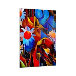 Cuadro sobre vidrio - Impresiones sobre Vidrio - Flores abstractas sobre un fondo de patrones geométricos. - 70x100cm - Colores de la vida - Decoración de pared moderna para salón y dormitorio ARTTOR