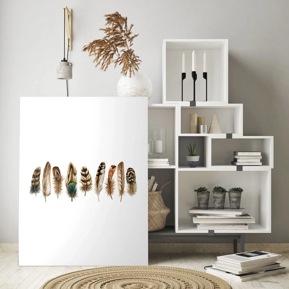 Cuadro sobre vidrio - Impresiones sobre Vidrio - Motivo decorativo de una colección de varias plumas. - 80x120cm - Estudio de plumas - Decoración de pared moderna para salón y dormitorio ARTTOR