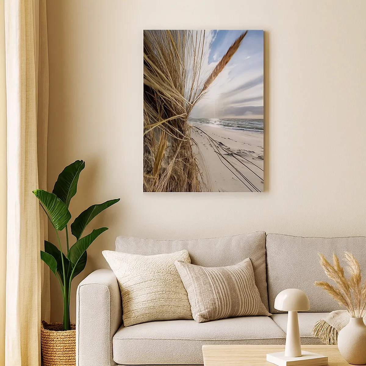 Cuadro sobre lienzo - Impresión de Imagen - Una playa con hierba seca en las dunas y vistas al mar. - 50x70cm - Una reunión de los elementos - Decoración de pared moderna para salón y dormitorio ARTTOR