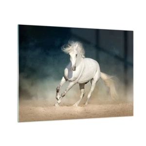 Cuadro sobre vidrio - Impresiones sobre Vidrio - Un caballo blanco galopando por la arena contra un cielo oscuro. - 70x50cm - Libertad en estado puro - Decoración de pared moderna para salón y dormitorio ARTTOR