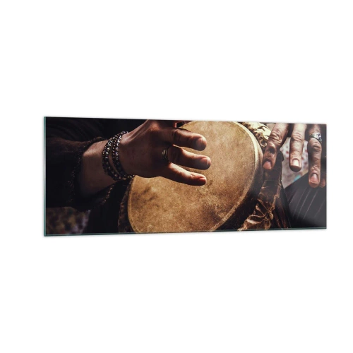 Cuadro sobre vidrio - Impresiones sobre Vidrio - Manos tocando un tambor djembé tradicional - 140x50cm - En el ritmo del corazón - Decoración de pared moderna para salón y dormitorio ARTTOR