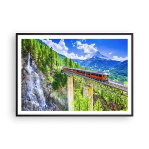 Póster en marco negro - Una montaña rusa en un puente con vistas a una cascada y montañas. - 100x70cm - Ferrocarril a los Alpes - Decoración de pared moderna para salón y dormitorio ARTTOR