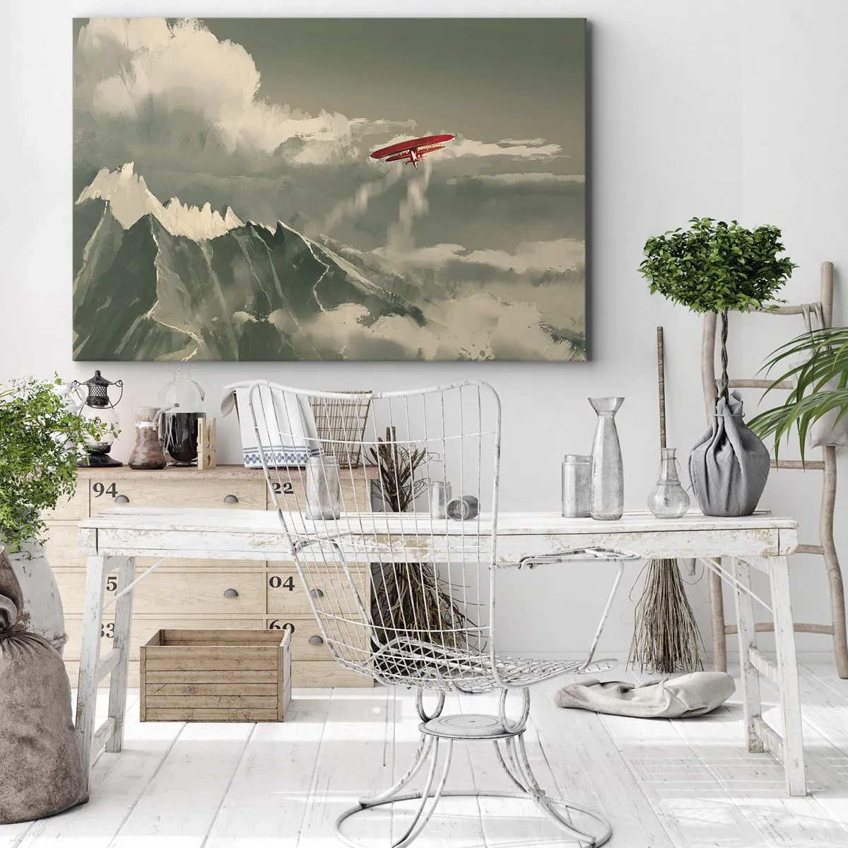 Cuadro sobre lienzo - Impresión de Imagen - Avión rojo sobre montañas nevadas - 70x50cm - Pionero sin miedo - Decoración de pared moderna para salón y dormitorio ARTTOR