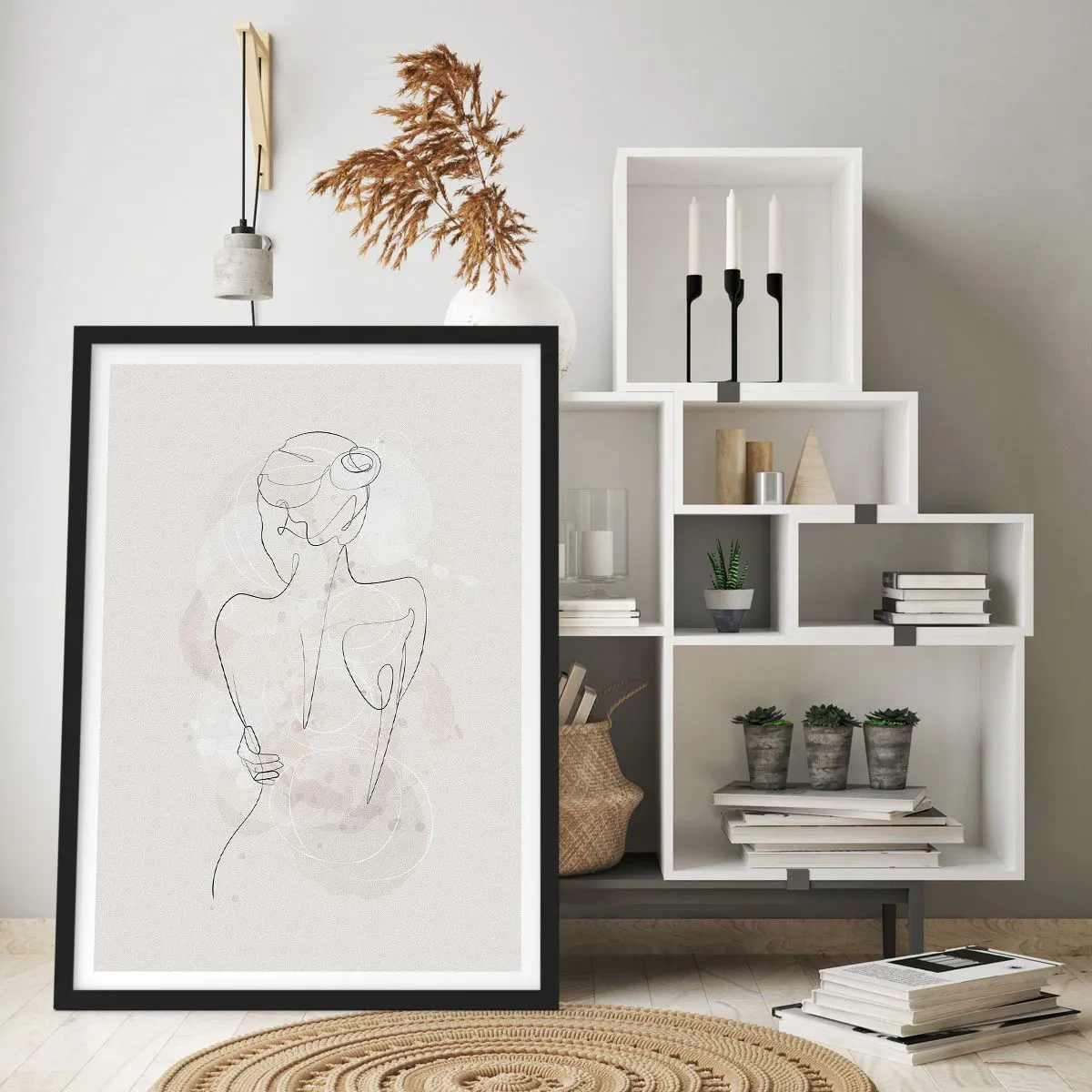 Póster en marco negro - Una delicada silueta femenina en una línea continua. - 50x70cm - Como un cuerpo sensible - Decoración de pared moderna para salón y dormitorio ARTTOR