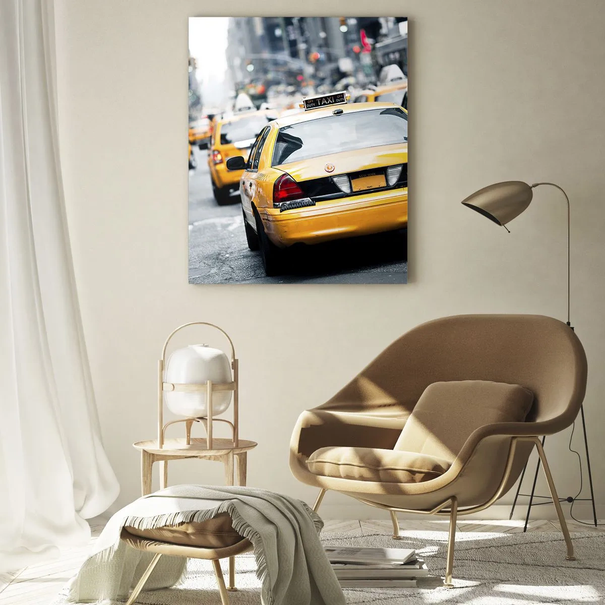 Cuadro sobre vidrio - Impresiones sobre Vidrio - Taxis amarillos en las calles de Nueva York en el bullicio de la ciudad. - 50x70cm - Solo en esta ciudad - Decoración de pared moderna para salón y dormitorio ARTTOR