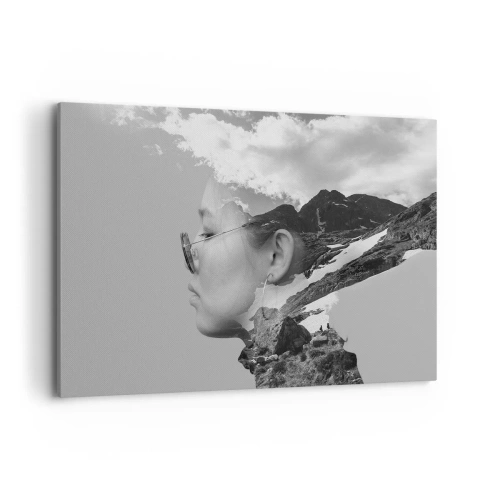 Cuadro sobre lienzo - Impresión de Imagen - Una composición en blanco y negro con la silueta de una mujer y un paisaje de montaña. - 120x80cm - Retrato sobre montañas y nubes - Decoración de pared moderna para salón y dormitorio ARTTOR