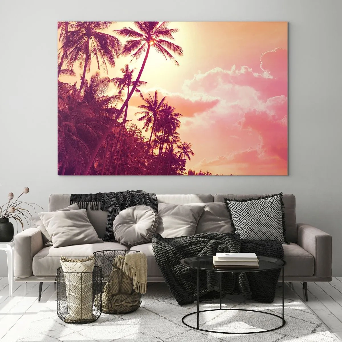 Cuadro sobre vidrio - Impresiones sobre Vidrio - Palmeras tropicales a la luz del sol poniente contra un cielo rosado - 100x70cm - Debes elegir - Decoración de pared moderna para salón y dormitorio ARTTOR