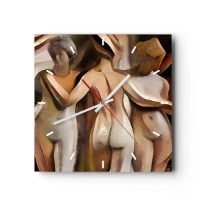 Reloj de pared - Reloj de vidrio - Una escena abstracta con tres figuras en colores cálidos. - 30x30cm - Las tres Gracias 2.0 - Decoración de pared moderna para salón y dormitorio ARTTOR