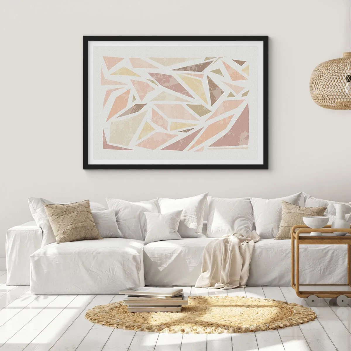 Póster en marco negro - Formas geométricas abstractas en colores pastel - 70x50cm - Composición de vidrieras - Decoración de pared moderna para salón y dormitorio ARTTOR