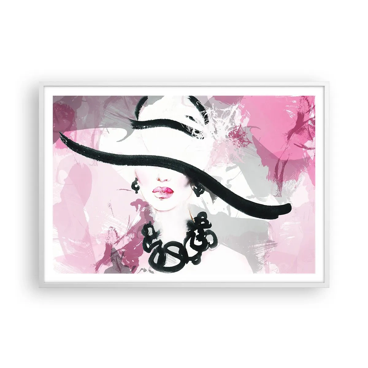 Póster en marco blanco - Retrato de una dama en negro y rosa - 100x70 cm