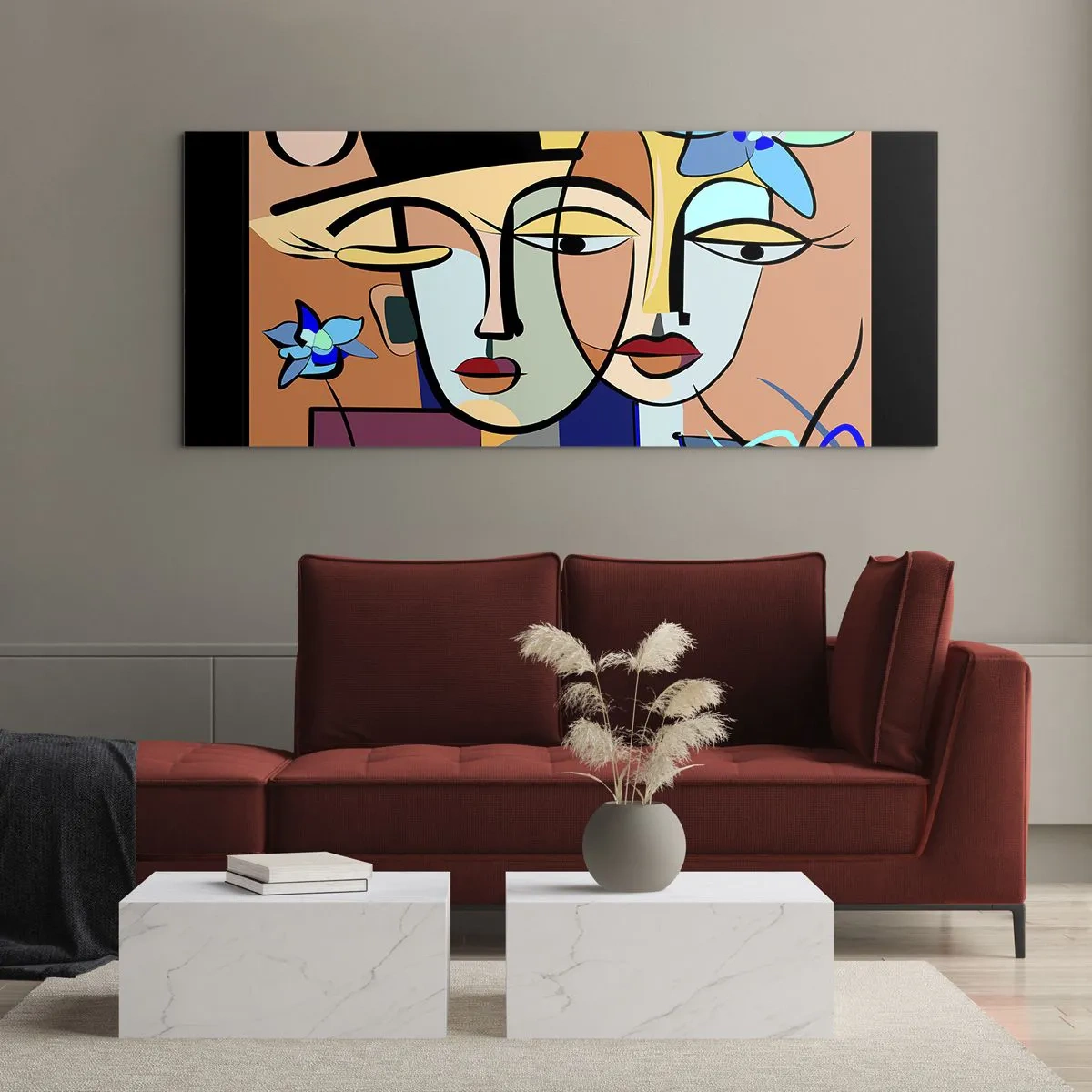 Cuadro sobre vidrio - Impresiones sobre Vidrio - Retratos cubistas en colores vibrantes con motivo floral. - 140x50cm - Randez vous de Picasso - Decoración de pared moderna para salón y dormitorio ARTTOR