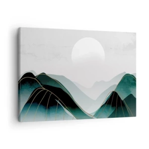 Cuadro sobre lienzo - Impresión de Imagen - Paisaje montañoso abstracto con la luna y líneas doradas. - 70x50cm - Con toda la majestuosidad - Decoración de pared moderna para salón y dormitorio ARTTOR