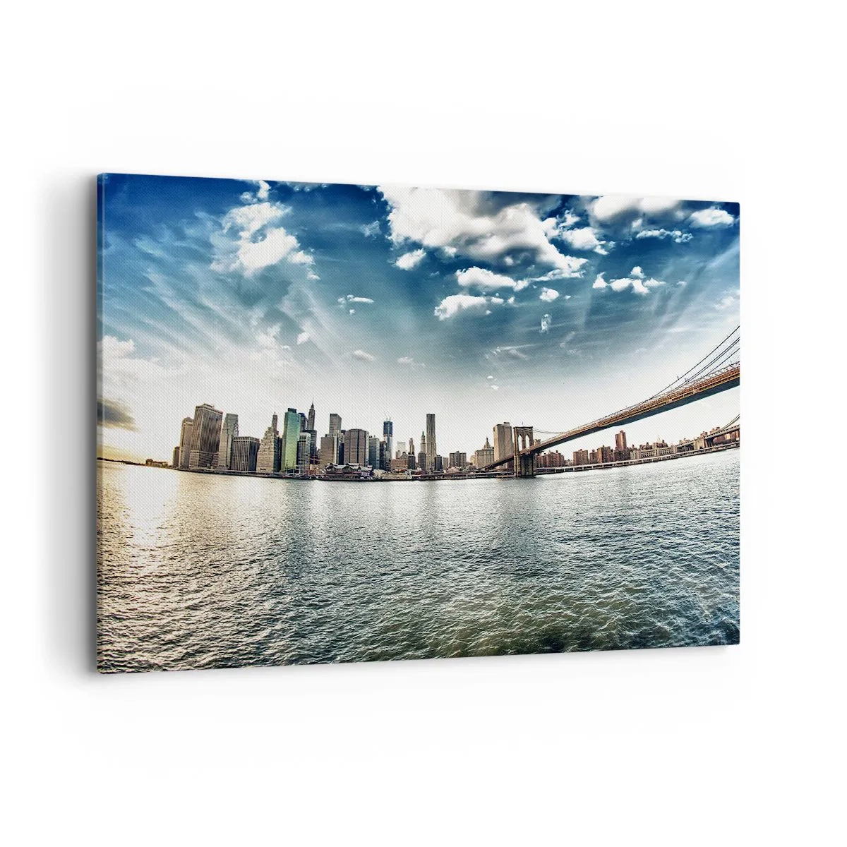 Cuadro sobre lienzo - Impresión de Imagen - Panorama de la ciudad con un puente contra el cielo azul. - 120x80cm - Isla de cristal - Decoración de pared moderna para salón y dormitorio ARTTOR
