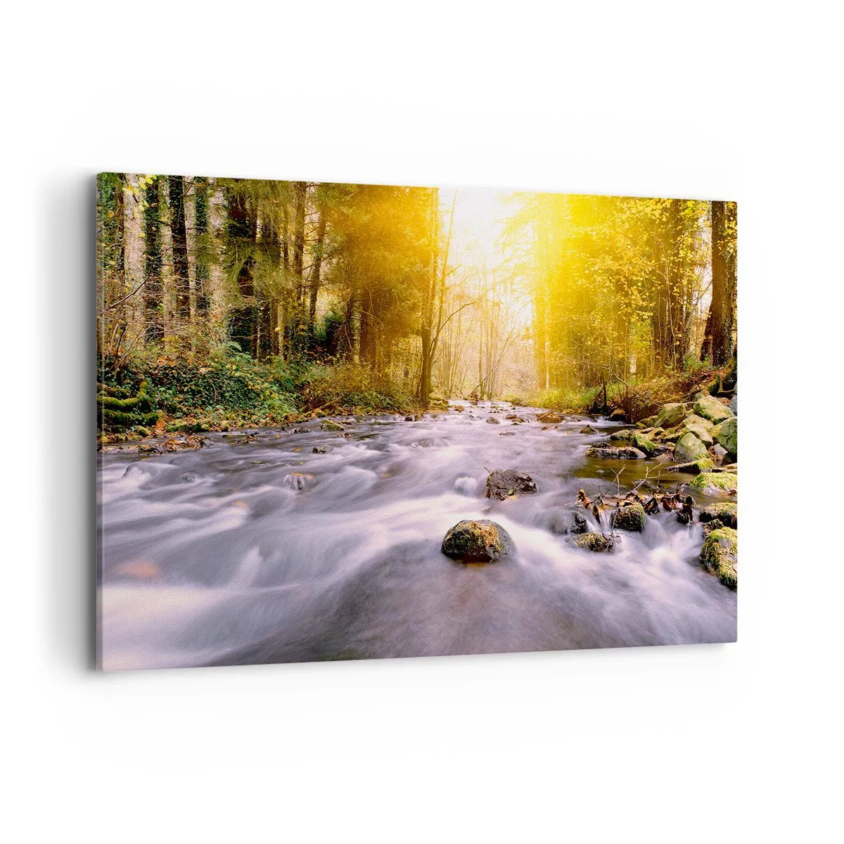 Cuadro sobre lienzo - Impresión de Imagen - Un arroyo forestal iluminado por los rayos del sol. - 120x80cm - Malaquita en un marco de plata y oro - Decoración de pared moderna para salón y dormitorio ARTTOR