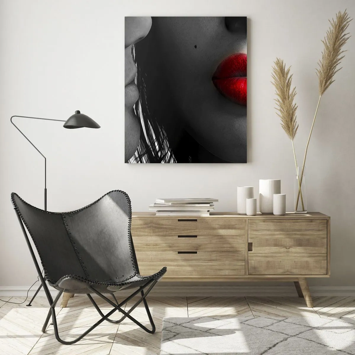 Cuadro sobre vidrio - Impresiones sobre Vidrio - Labios sensuales en una toma contrastante - 50x70cm - Cara a cara  - Decoración de pared moderna para salón y dormitorio ARTTOR