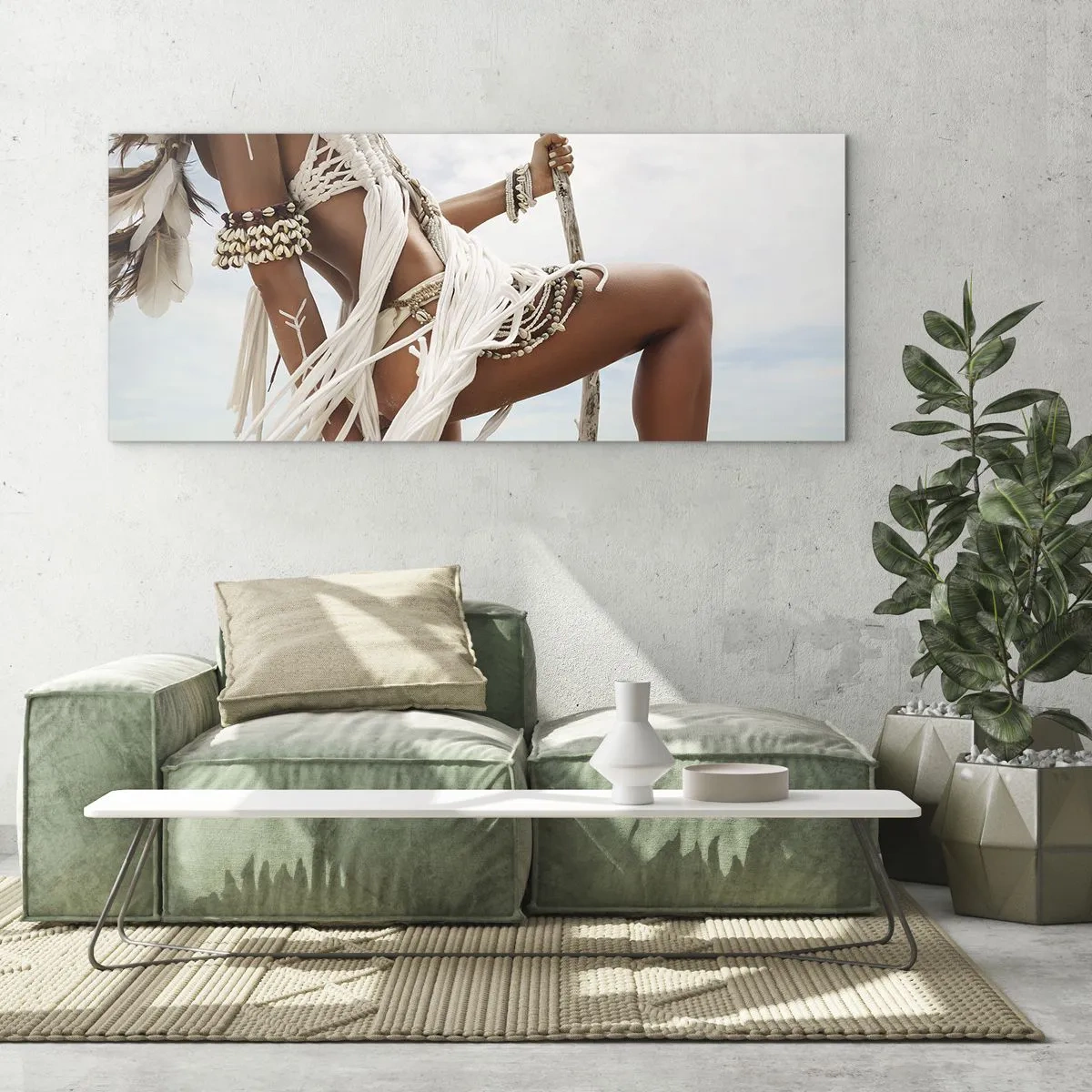 Cuadro sobre vidrio - Impresiones sobre Vidrio - Figura de una mujer con adornos y ropa étnica con el telón de fondo de un paisaje tropical. - 160x50cm - Sacerdotisa del sol - Decoración de pared moderna para salón y dormitorio ARTTOR