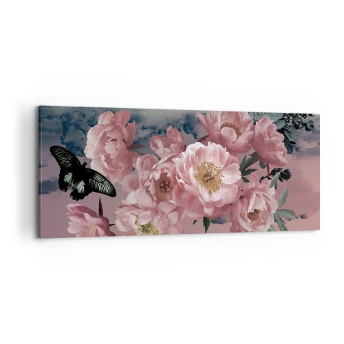 Cuadro sobre lienzo - Impresión de Imagen - Peonías rosas con una mariposa sobre un fondo pastel. - 120x50cm - La cúspide del romance - Decoración de pared moderna para salón y dormitorio ARTTOR