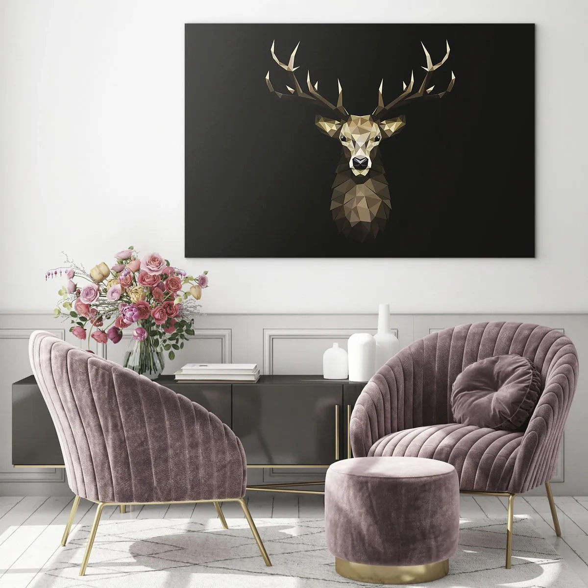 Cuadro sobre vidrio - Impresiones sobre Vidrio - Ciervo geométrico sobre fondo negro - 120x80cm - Ciervo cubista - Decoración de pared moderna para salón y dormitorio ARTTOR