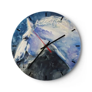Reloj de pared - Reloj de vidrio - Retrato artístico de un caballo en tonos azules y blancos. - 30x30cm - Retrato en un resplandor azul - Decoración de pared moderna para salón, cocina y dormitorio ARTTOR