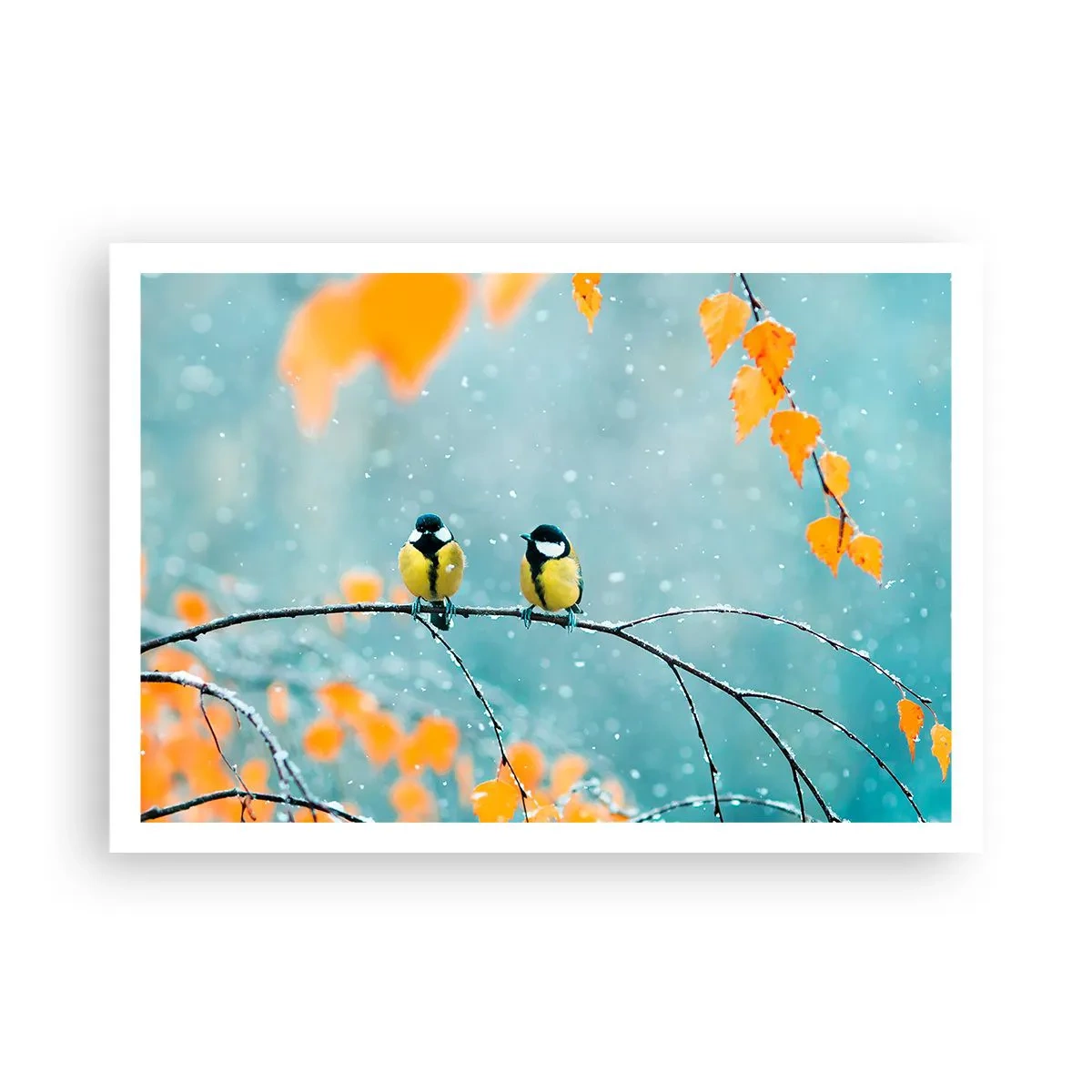 Póster - Dos pájaros en una rama en un entorno invernal con hojas amarillas. - 100x70cm - Cotilleo de pájaros - Decoración de pared moderna para salón y dormitorio ARTTOR