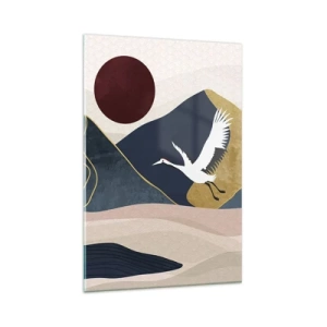 Cuadro sobre vidrio - Impresiones sobre Vidrio - Grúas en vuelo con el telón de fondo de montañas y un sol rojo. - 80x120cm - Y el día ha vuelto a pasar volando - Decoración de pared moderna para salón y dormitorio ARTTOR