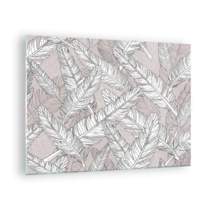 Cuadro sobre vidrio - Impresiones sobre Vidrio - Hojas en blanco y negro sobre un fondo beige en un estilo gráfico. - 70x50cm - Turbulencias de plumas - Decoración de pared moderna para salón y dormitorio ARTTOR