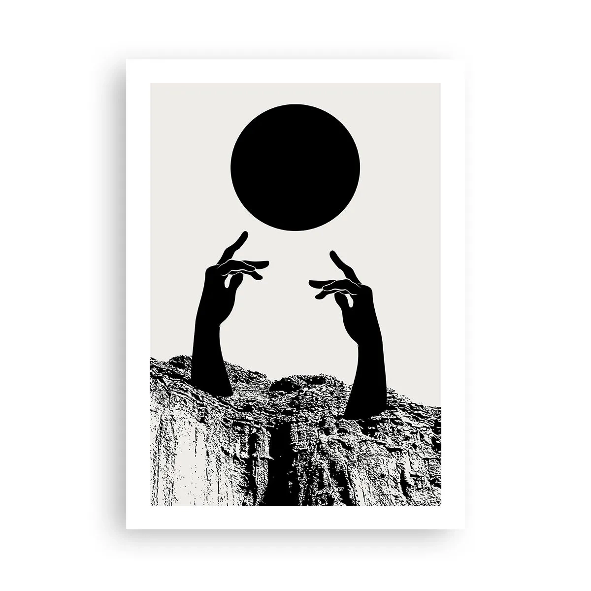 Póster - Manos simbólicas que alcanzan una pelota negra sobre un fondo de rocas. - 50x70cm - Composición surrealista: el sol y el resto - Decoración de pared moderna para salón y dormitorio ARTTOR