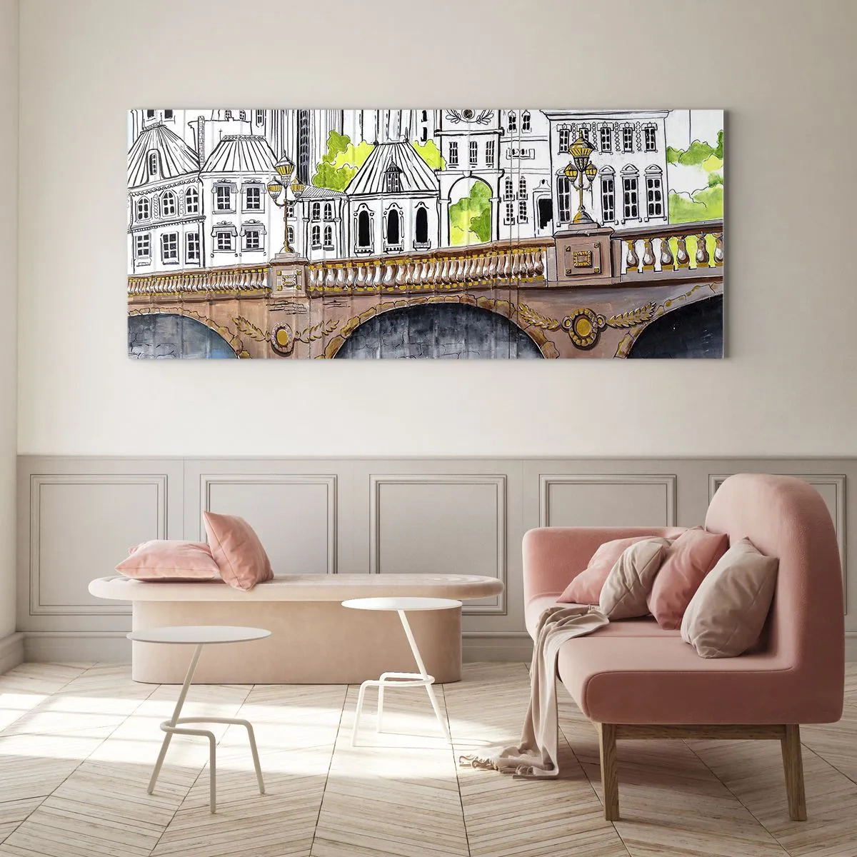 Cuadro sobre vidrio - Impresiones sobre Vidrio - Una ciudad de dibujo - 90x30 cm