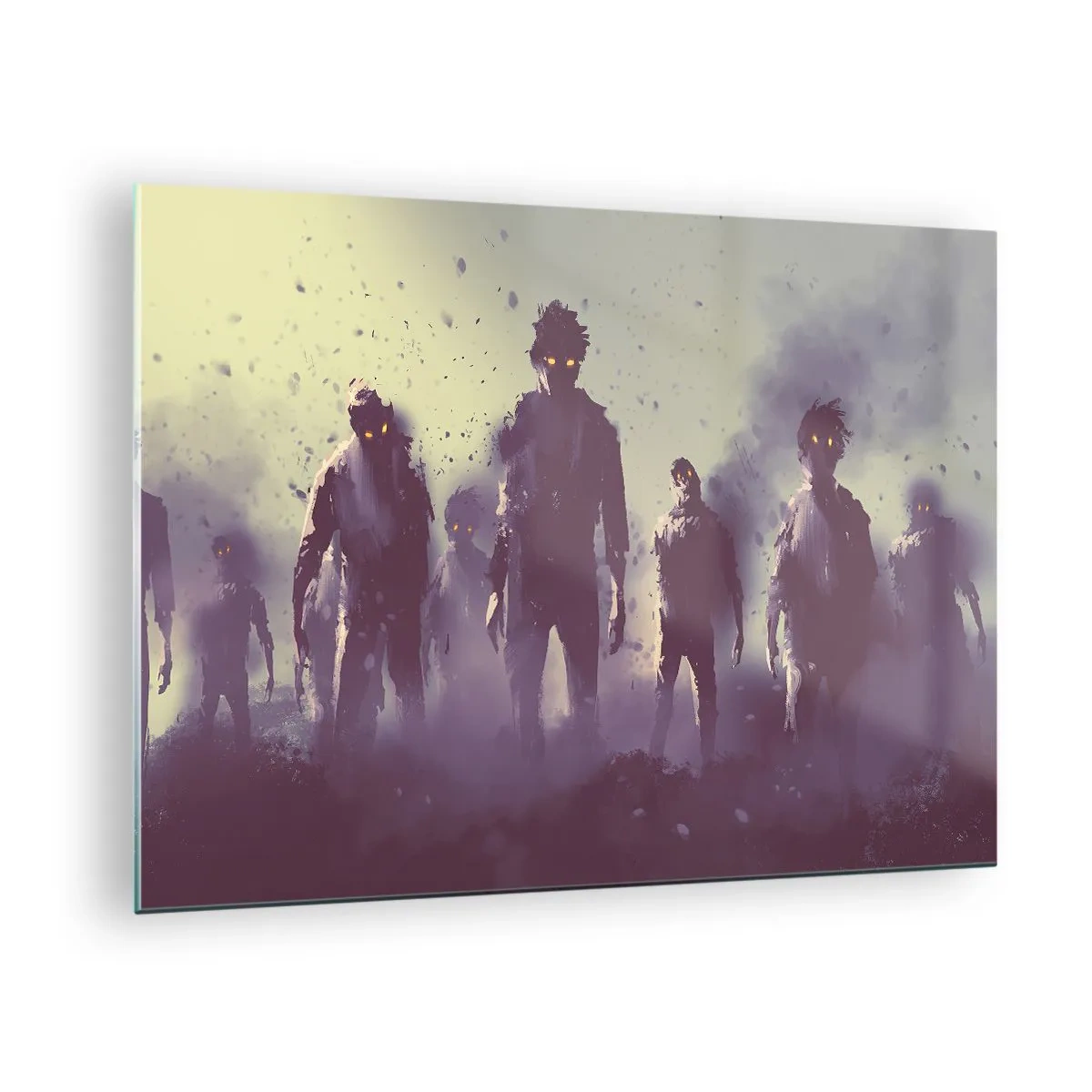 Cuadro sobre vidrio - Impresiones sobre Vidrio - Una ilustración oscura de un grupo de figuras en la niebla. - 70x50cm - ¡Cuidado! Aquí vienen - Decoración de pared moderna para salón y dormitorio ARTTOR