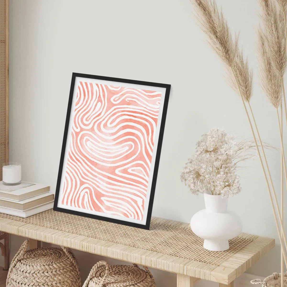 Póster en marco negro - Líneas abstractas en tonos salmón y blanco. - 50x70cm - En un laberinto de coral - Decoración de pared moderna para salón y dormitorio ARTTOR
