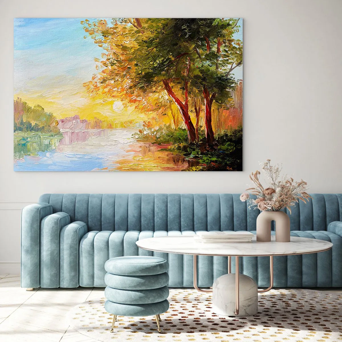 Cuadro sobre vidrio - Impresiones sobre Vidrio - Lago con árboles al atardecer - 100x70cm - Ensueño - Decoración de pared moderna para salón y dormitorio ARTTOR