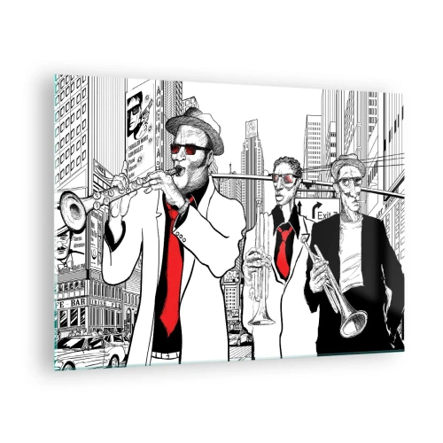 Cuadro sobre vidrio - Impresiones sobre Vidrio - Una banda callejera de jazz con un estilo gráfico moderno. - 70x50cm - Rapsodia urbana en negro y rojo - Decoración de pared moderna para salón y dormitorio ARTTOR