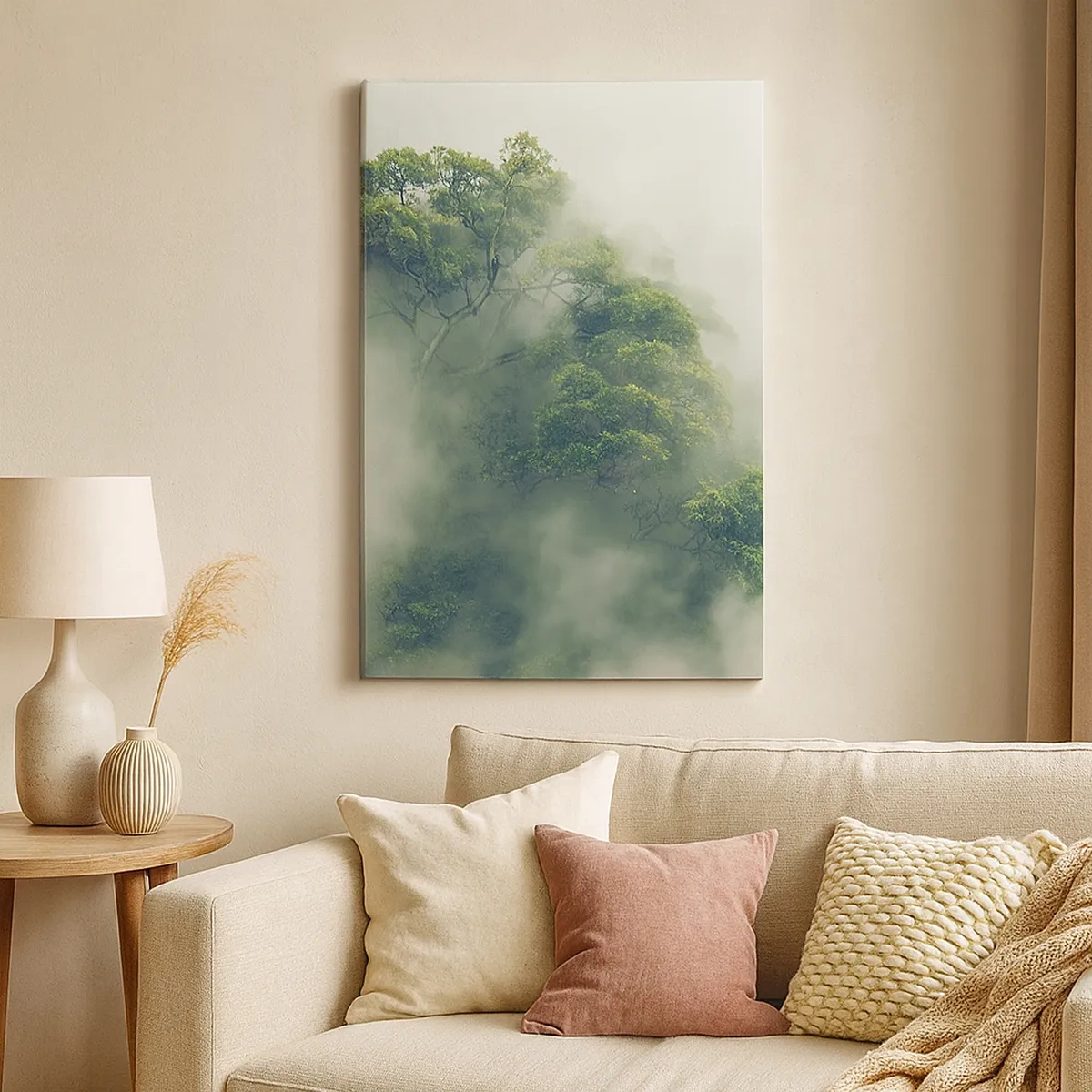 Cuadro sobre lienzo - Impresión de Imagen - Árboles verdes en una espesa niebla contra un fondo natural - 50x70cm - Envuelto en niebla - Decoración de pared moderna para salón y dormitorio ARTTOR