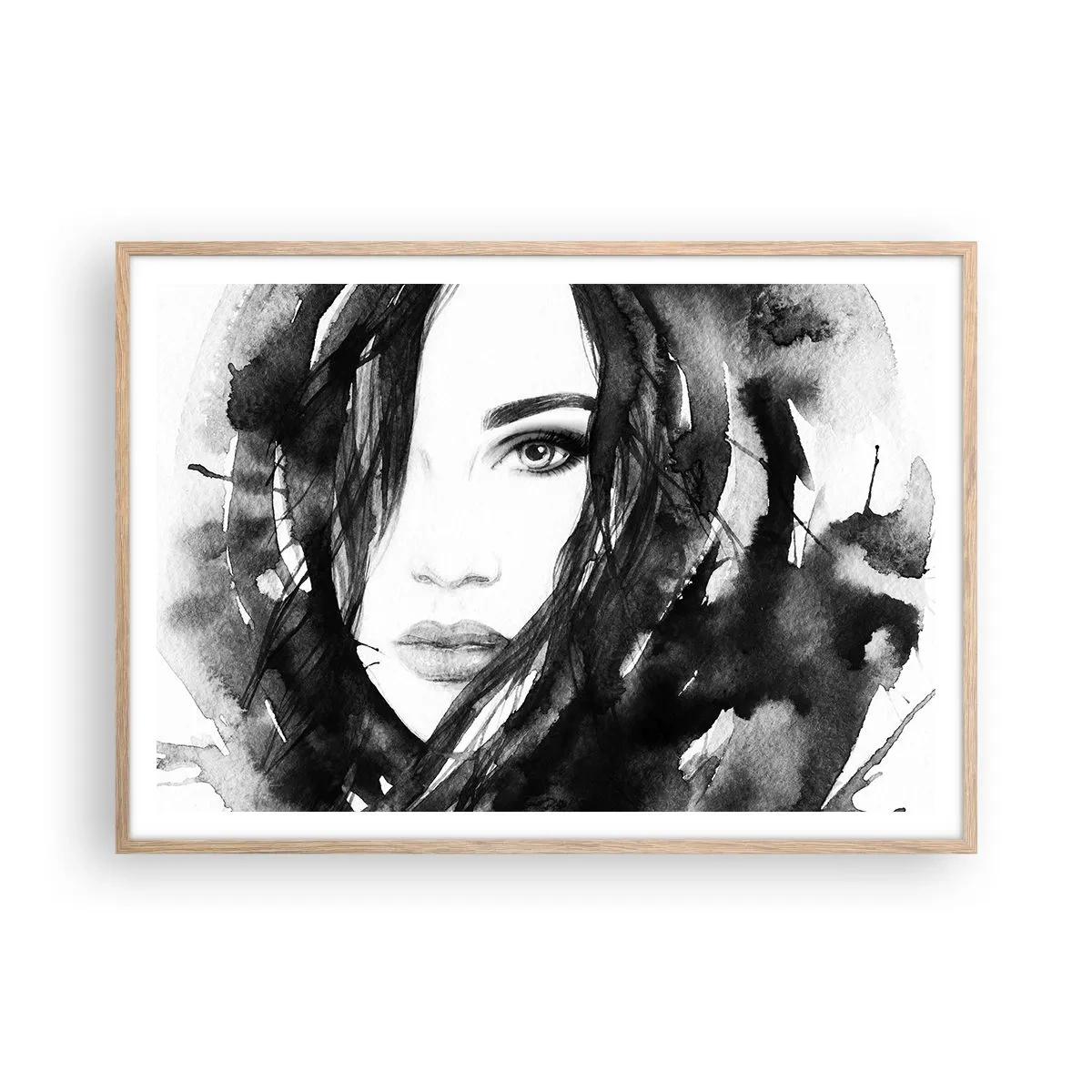 Póster en marco roble claro - Retrato de una dama en blanco y negro - 100x70 cm
