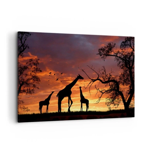 Cuadro sobre lienzo - Impresión de Imagen - Siluetas de jirafas con el atardecer africano como telón de fondo - 100x70cm - Una pequeña cena con tus seres queridos - Decoración de pared moderna para salón y dormitorio ARTTOR