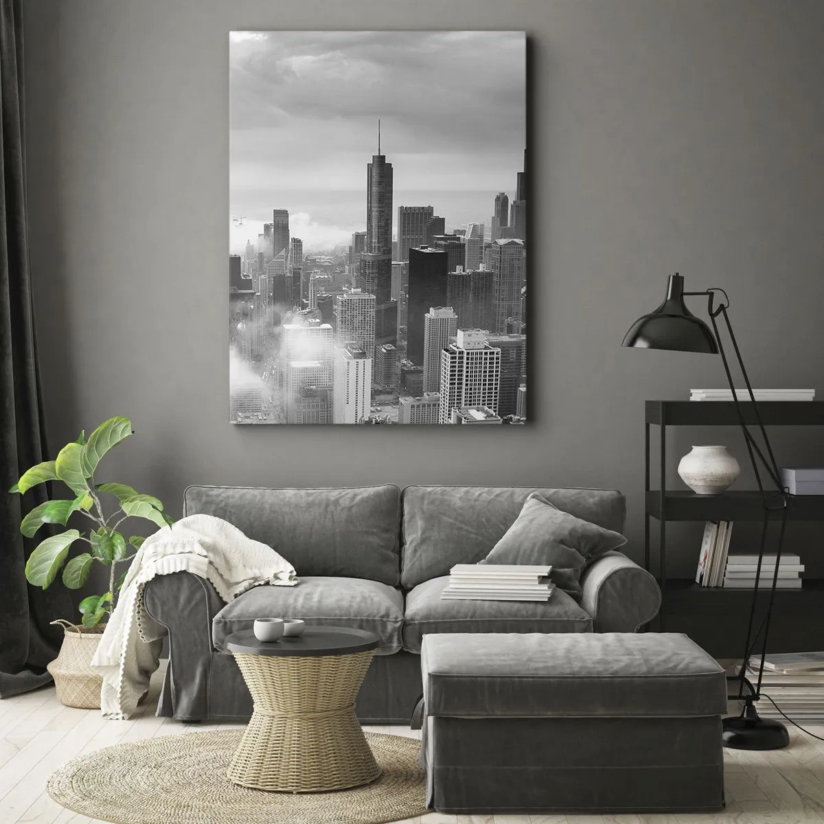 Cuadro sobre lienzo - Impresión de Imagen - Panorama de la ciudad con rascacielos en las nubes en blanco y negro - 50x70cm - Paisaje americano - Decoración de pared moderna para salón y dormitorio ARTTOR