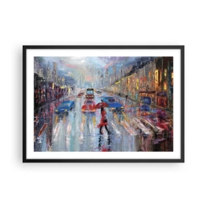 Póster en marco negro - Una mujer con un paraguas en una calle lluviosa bajo la luz de neón. - 70x50cm - Una tarde de lluvia en la ciudad - Decoración de pared moderna para salón y dormitorio ARTTOR