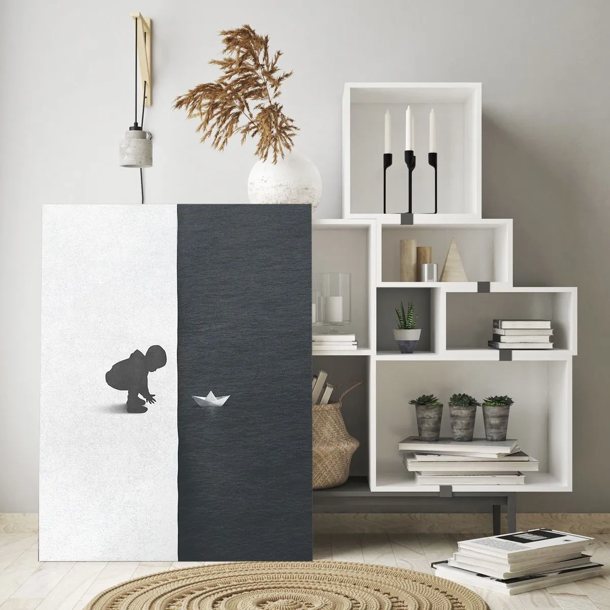 Cuadro sobre vidrio - Impresiones sobre Vidrio - Silueta de un niño lanzando un barquito de papel al agua - 50x70cm - Una gran expedición náutica - Decoración de pared moderna para salón y dormitorio ARTTOR