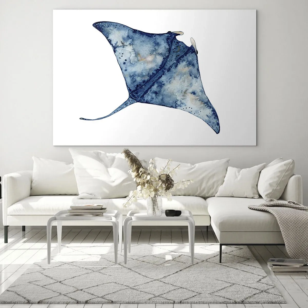 Cuadro sobre vidrio - Impresiones sobre Vidrio - Rayo azul marino en estilo acuarela sobre fondo blanco. - 100x70cm - La vida en azul - Decoración de pared moderna para salón y dormitorio ARTTOR