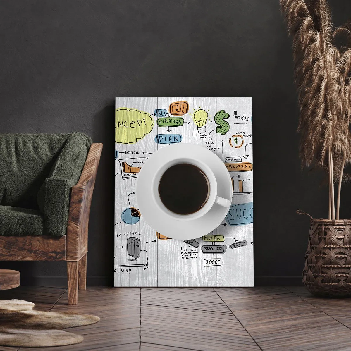 Cuadro sobre lienzo - Impresión de Imagen - Una taza de café sobre el fondo de un dibujo conceptual. - 70x100cm - Tiempo de descanso - Decoración de pared moderna para salón y dormitorio ARTTOR