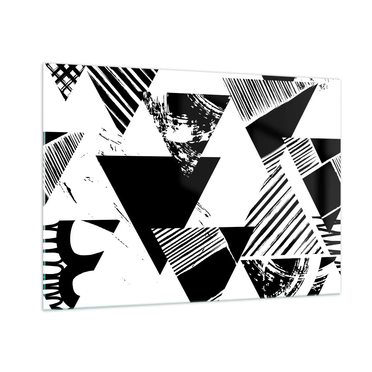 Cuadro sobre vidrio - Impresiones sobre Vidrio - Patrones geométricos en blanco y negro con motivos triangulares. - 100x70cm - Una lluvia de triángulos - Decoración de pared moderna para salón y dormitorio ARTTOR