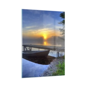 Cuadro sobre vidrio - Impresiones sobre Vidrio - Un barco en el muelle al amanecer en el lago. - 50x70cm - Cómo lo ordinario se convierte en mágico - Decoración de pared moderna para salón y dormitorio ARTTOR