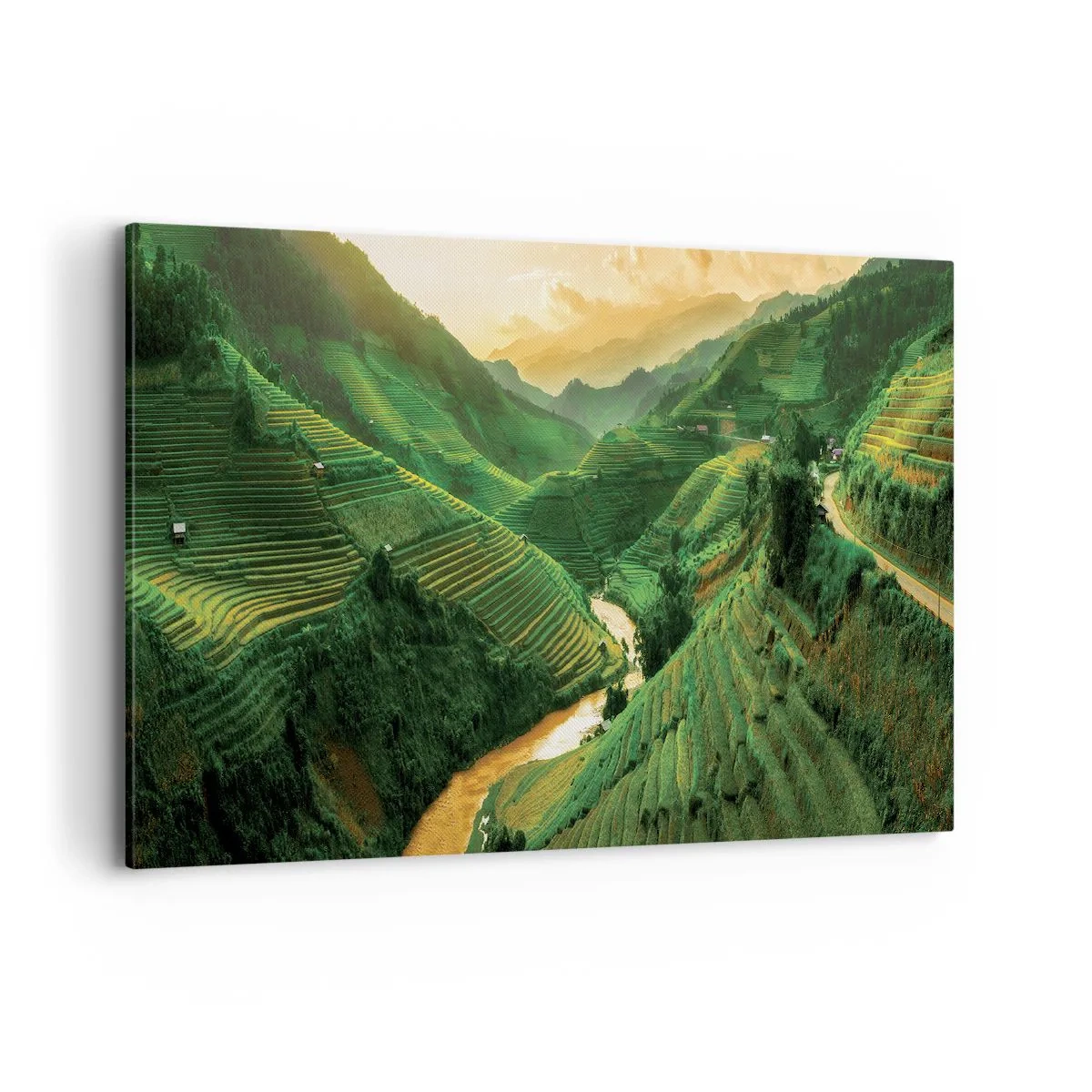 Cuadro sobre lienzo - Impresión de Imagen - Pintorescas terrazas de arroz en un valle verde iluminado por el sol poniente - 100x70cm - Valle vietnamita - Decoración de pared moderna para salón y dormitorio ARTTOR
