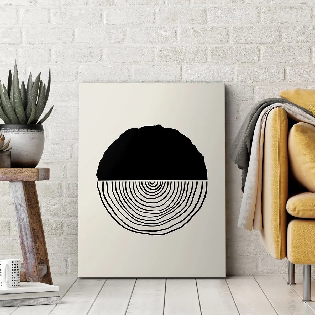 Cuadro sobre lienzo - Impresión de Imagen - Un motivo abstracto en blanco y negro inspirado en una sección transversal de madera con una división geométrica. - 50x70cm - Mitad y mitad - Decoración de pared moderna para salón y dormitorio ARTTOR