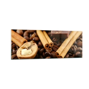 Cuadro sobre vidrio - Impresiones sobre Vidrio - Granos de café con ramas de canela, chocolate y nueces. - 140x50cm - Concierto de aromas - Decoración de pared moderna para salón y dormitorio ARTTOR