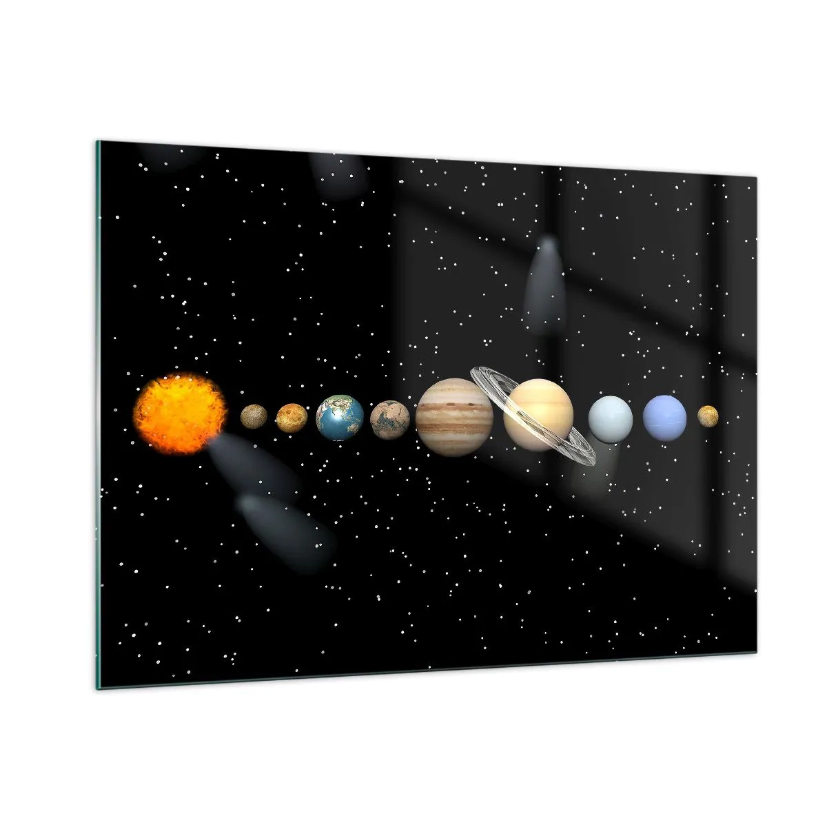 Cuadro sobre vidrio - Impresiones sobre Vidrio - El Sistema Solar contra el fondo de las estrellas en el espacio. - 100x70cm - Los planetas en armonía - Decoración de pared moderna para salón y dormitorio ARTTOR
